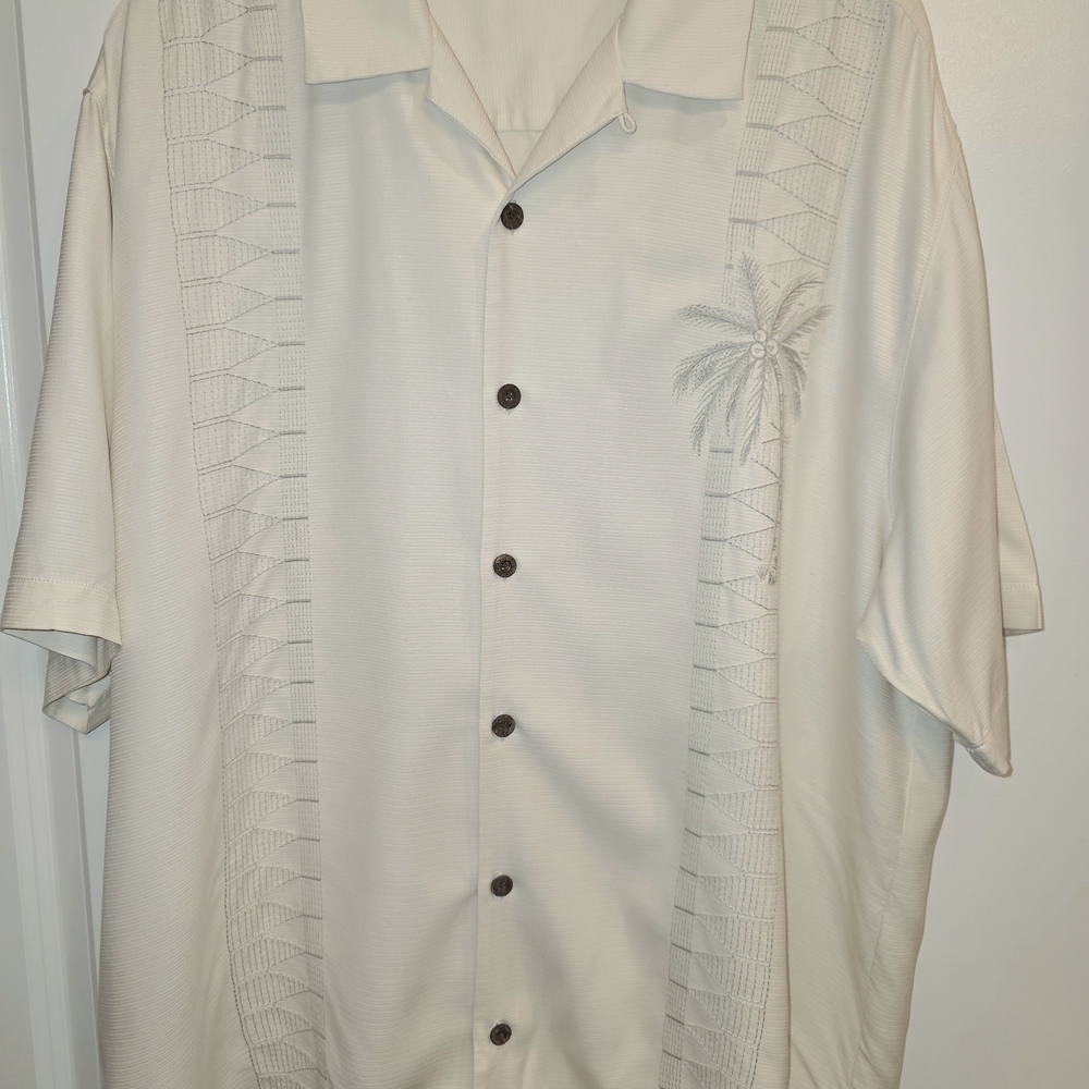 Tommy Bahama Cream Short Sleeve Button-Up Shirt with Palm Tree Embroidery